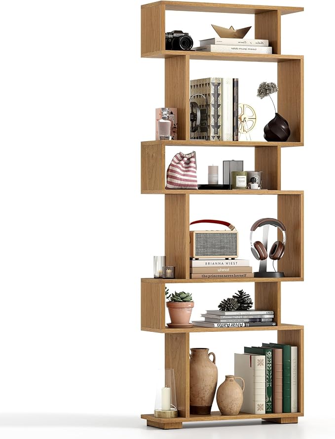 Tangkula 6-Tier S-Shaped Bookshelf, 64" Freestanding Geometric Bookcase, Home Office Wood Storage Shelf with Anti-Toppling Device, Room Divider Display Rack for Study, Living Room (1, Natural)