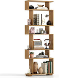 Tangkula 6-Tier S-Shaped Bookshelf, 64" Freestanding Geometric Bookcase, Home Office Wood Storage Shelf with Anti-Toppling Device, Room Divider Display Rack for Study, Living Room (1, Natural)