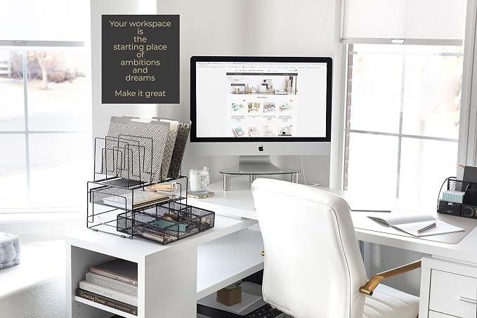 BLU MONACO | Black Wire Mesh Desk Organizer with Drawer | Desk Associates Women Office Set | File Sorters and Mesh Pen Holders Desktop Storage System