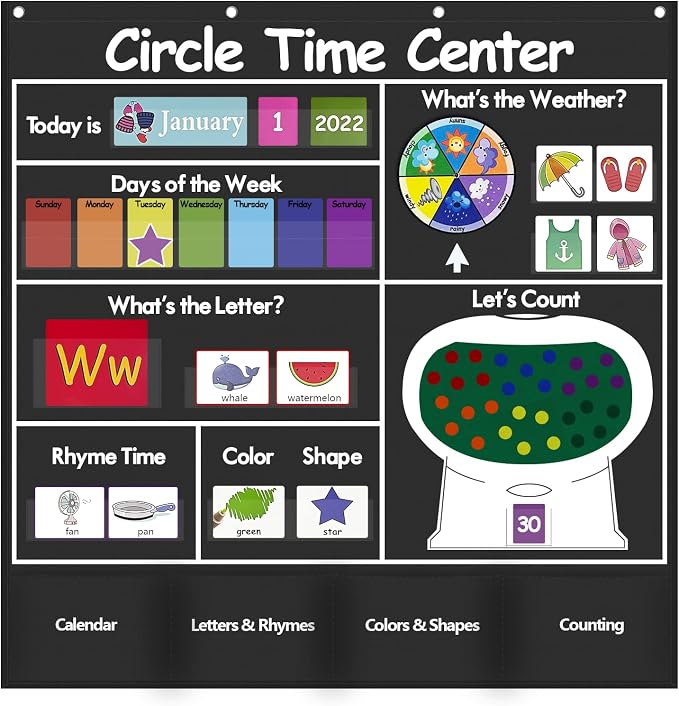 Auchq Circle Time Learning Center Pocket Chart, Heavy-Duty Kids Calendar for Classroom, Educational Pocket Chart Learning Calendar Weather Letter Counting Rhyme Color Shape(Black)