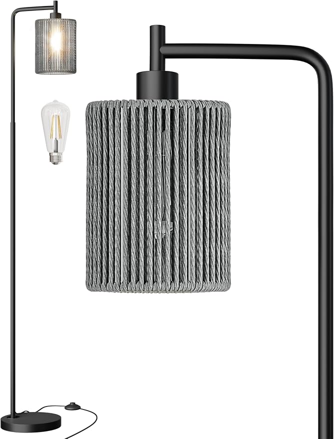 66" Black Floor Lamp for Living Room, Boho Floor Lamp with LED Bulb, Foot Switch, Gray Rattan Shade, Industrial Tall Farmhouse Standing Lamp for Bedroom, Dining Room, Study Room, Office