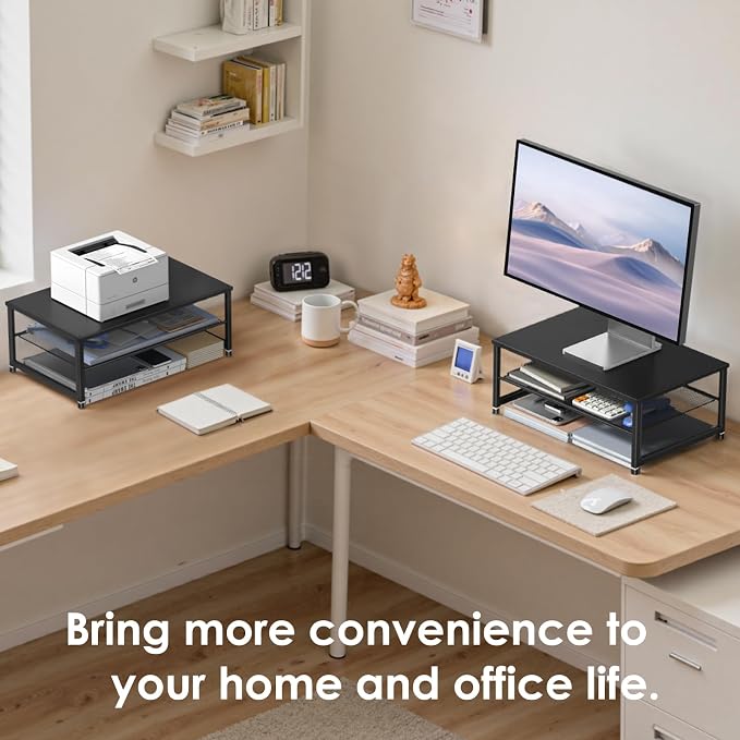 ECOLOVI 2-Tier Computer Monitor Stand Riser, Printer & Laptop Stand, Office Desk Accessories, Workspace Desk Organizer for Home Office Supplies, Black