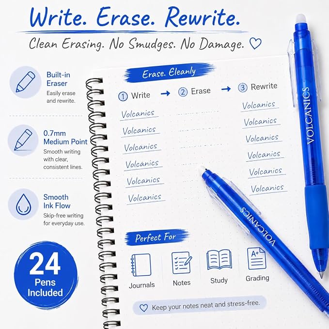 Volcanics Blue Erasable Gel Pens, 0.7mm Retractable, 24 Pack