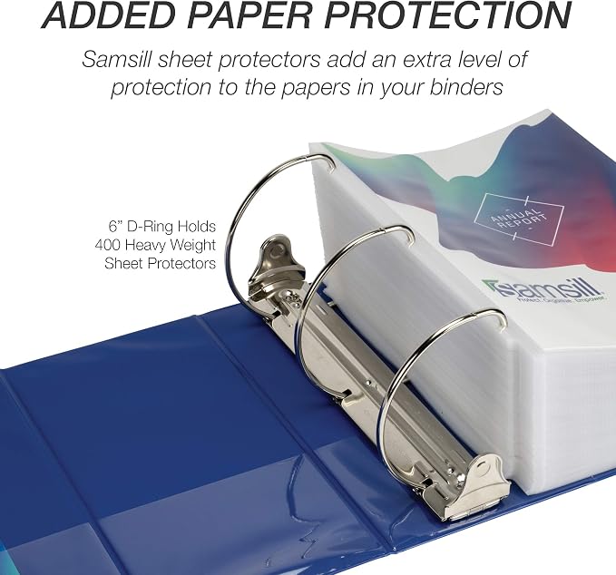 Samsill Durable 6 inch 3 Ring Binder, Locking D Ring Binder, Customizable Clear View Cover, Blue, Holds 1225 Pages