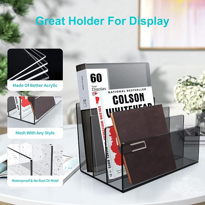Boloyo Acrylic File Holder,1PC 3 Sections Clear Black File Organizer Mail Letter Sorter Desktop Folder Holder for Home Office School Envelope Bill Filling Paper Document