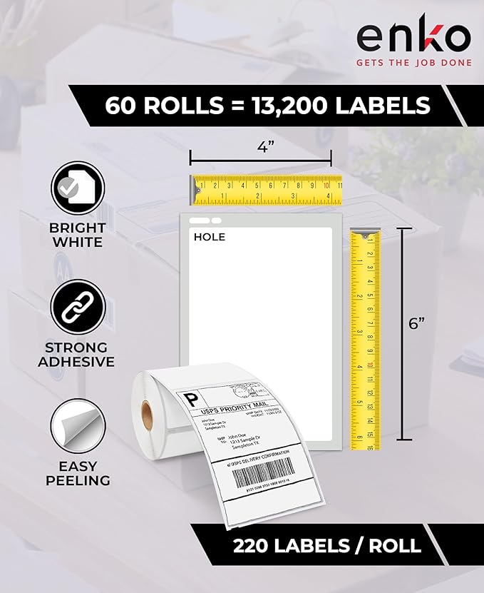 enKo Compatible Zebra 4x6 Label and Dymo Labels 1744907 - (4" x 6") Address and Shipping Labels for Dymo Labelwriter 4XL Shipping, Zebra and Desktop Direct Thermal Printers (60 Rolls | 13,200 Labels)