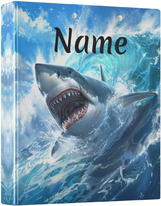 Custom 3 Ring Binder Cute Shark Blue Ocean Wave 1.5" Round Ring Binders Personalized Name View Binder with 200 Sheet for Kids School Supplies Women Men Office, 1 Pack