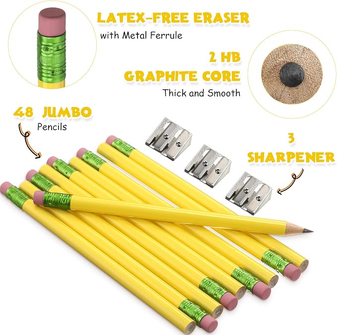 Fainne 48 Pcs Large Pencils 3 Sharpeners,Yellow+green,Round