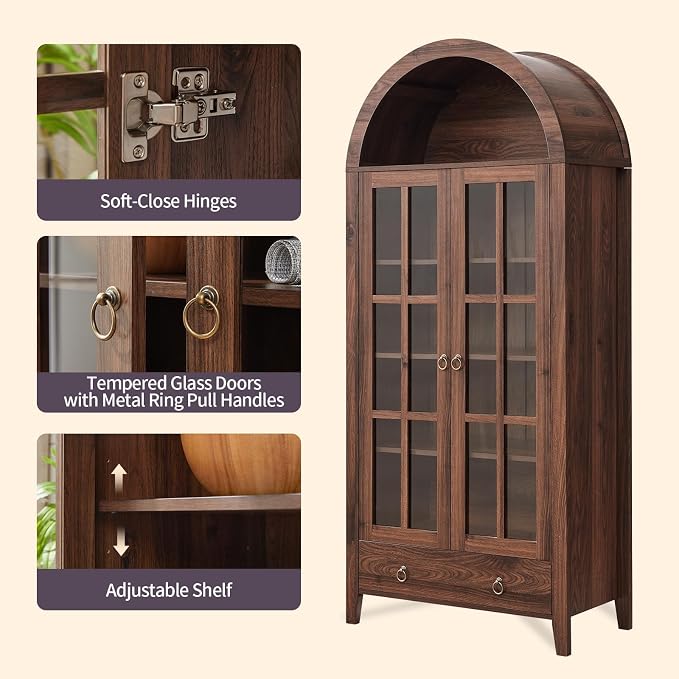RowyPoey 71" Tall Arched Cabinet Bookshelf with Glass Door & Storage Drawer | Modern Farmhouse Display Cabinet,Adjustable Shelves,Wood Kitchen Pantry for Dining Room,Living Room,Office,Walnut,2 Pack