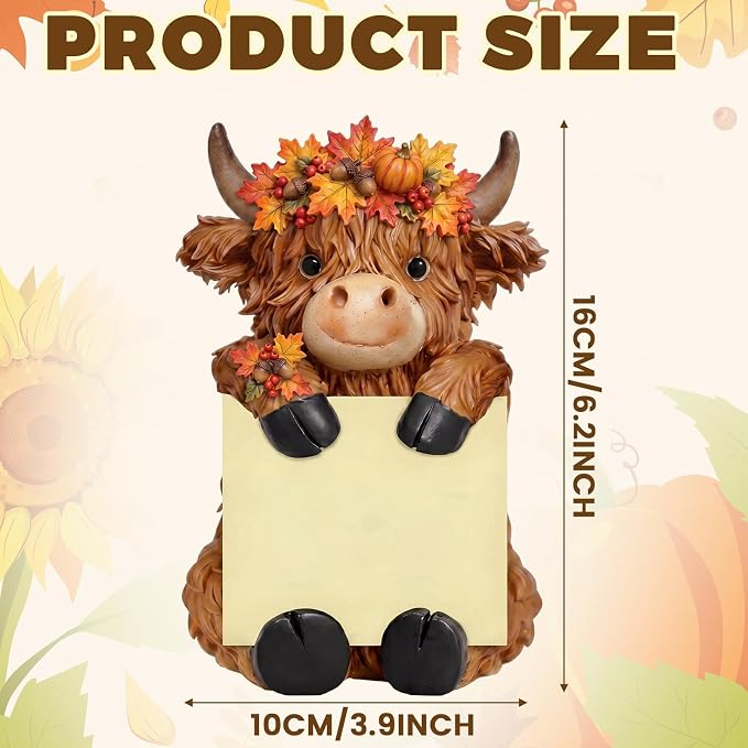 Thenshop Fall Highland Cow Pop up Sticky Note Dispenser with 100 Sheets | Resin Highland Cow Sticky Note Holder, Highland Cow Desk Accessories, Autumn Maple Leaves Berry, Classroom School, 3 x 3 Inch