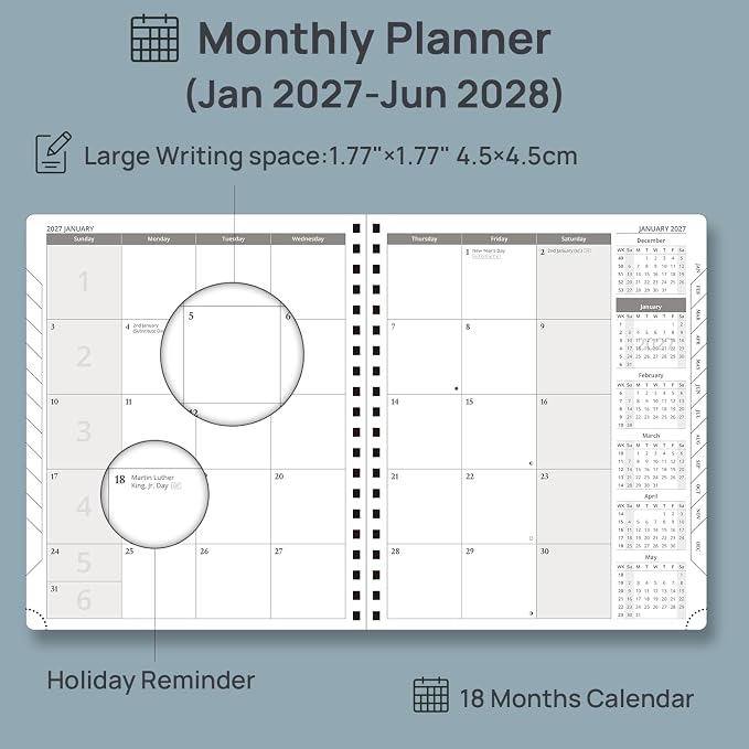POPRUN Monthly Planner 2027-2028, 8.5"x10.5", 18 Month, Jan 2027-Jun 2028