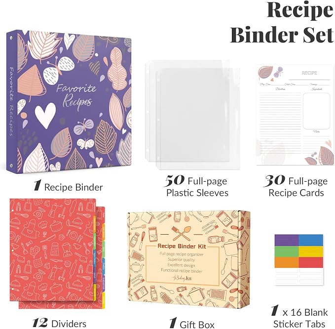 Recipe Binder with Plastic Sleeves, 8.5x11 3 Ring Blank Recipe Book Binder | Premium recipe binder kit with waterproof cover, sleeves, cards, dividers and gift box for preserving recipes-Iris Violet.