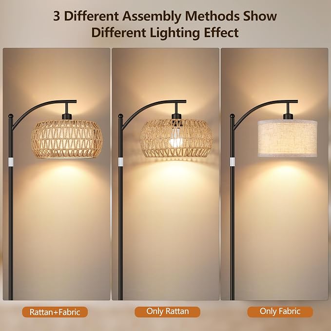 ROTTOGOON Rattan Floor Lamps for Living Room, Boho Standing Lamps with Rattan& Linen Double Shades, Arc Lamps Floor Standing with 9W Bulb, Foot Switch, Bohemian Floor Lamps for Bedroom, Office-Black