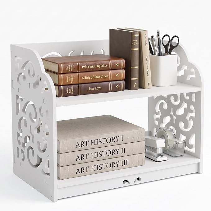 MyGift 2 Tier White Desktop Bookshelf Organizer with Scrollwork Design | Compact two-tier shelf adds stylish storage for books, décor, and office essentials on desks, counters, or living spaces
