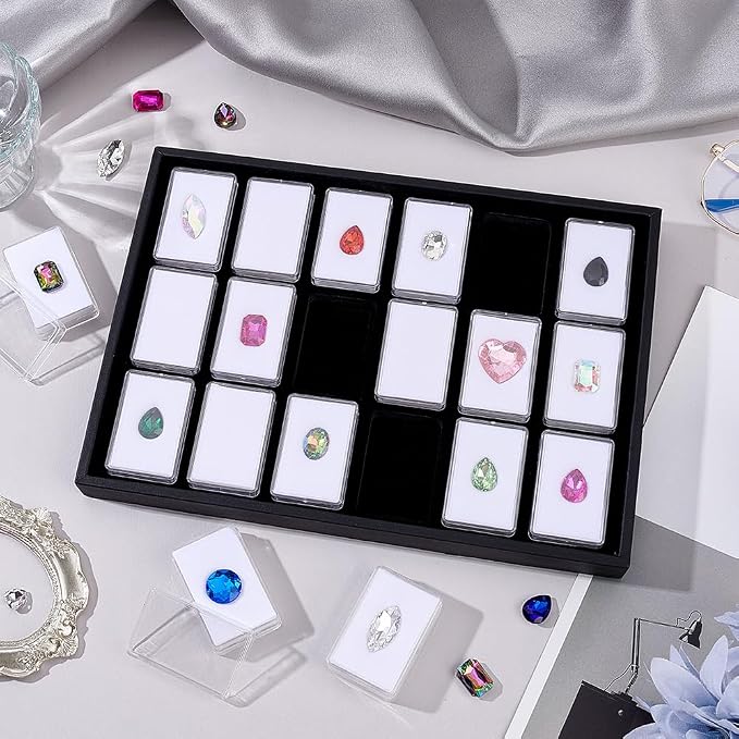 PH PandaHall 18 Gem Holder with Case, 2.2x1.4 inch Gemstone Display Box Square Gemstone Storage Box Diamond Display Case Gems Organizer with Foam for Collectibles Rhinestone Crystal Stone, White
