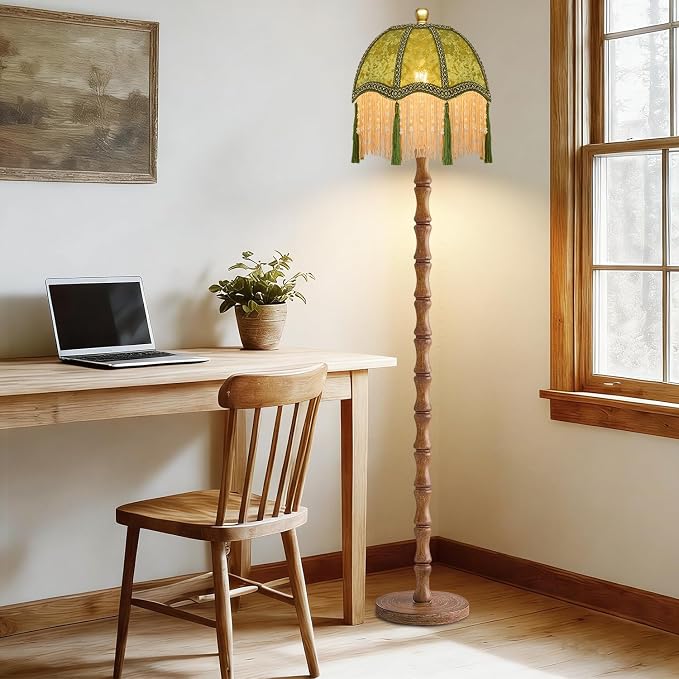 ZECOXOL Wood Floor Lamps for Living Room Boho Rustic Floor Lamp with Remote Control,Dimmable Vintage Floor Lamp Green Mid Century Modern Standing Lamp Pole Tall Fringe Floor Lamp for Bedroom Corner