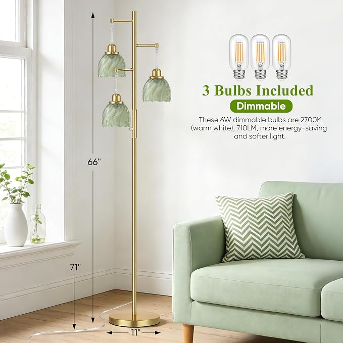 ROTTOGOON Dimmable Gold Floor Lamps for Living Room, Vintage Tree Standing Lamp with Glass Shades, 3 Light Mid Century Flower Floor Lamps for Bedroom, Office, 6W, Brushed Gold & Green Shades