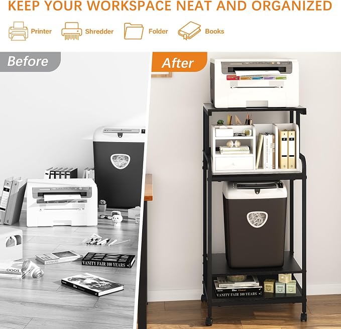Arbuxzuy 4 Tier Stand with Storage Shelf, Tall Mobile Printer Table for Home Office, Adjustable Stands for Heat Press Scanner Fax (Black)
