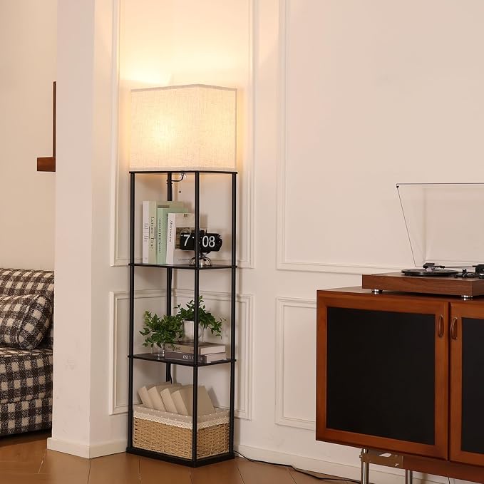 Gupuzm Floor Lamp with Shelves, Large Size Rectangle Standing Lamp with 3 Color Temperature Bulb, Corner Display Bookshelf Lamp for Living Room, Bedroom and Office (Black-9)
