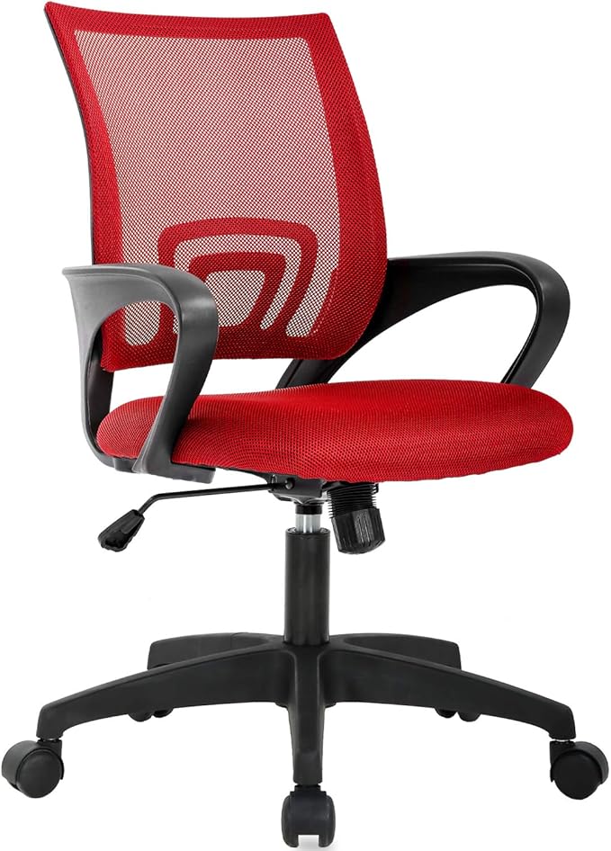 BestOffice Ergonomic Office Chair | Mid-Back Swivel Desk Chair | Red | with Lumbar Support, Adjustable Height & Breathable Backrest | Sponge Seat & Rolling Wheels | for Home, Office | Pack of 1