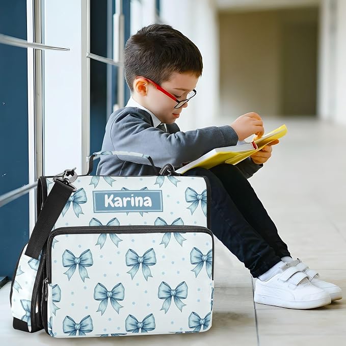 Custom Bow Light Blue Print 3 Ring Zipper Binder with Shoulder Strap & Handle 1.5 Inch D-Ring Zippered Bag with Multiple Pocket, Personalized Binder Organizer for School or Office