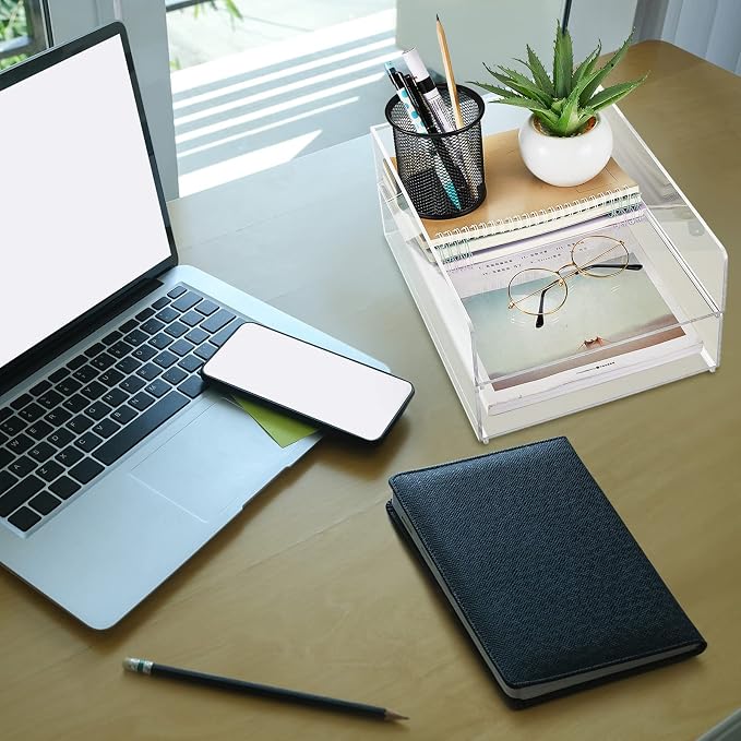 2 Pcs Acrylic Desk Organizers and Accessories Tier Paper File Organizer Tray Stackable Document Clear Desk Accessories for Office Workspace Organization (12.01 x 9.25 x 2.68 Inch)