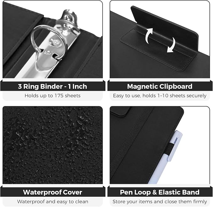 SKYDUE 3 Ring Binder with Magnetic Clipboard, 1 Inch Binder with 5 Dividers | Faux Leather Binder, Folder, Binder Pouch, Plastic Sleeves, and notepad, Ideal for Office & School Supplies Organize
