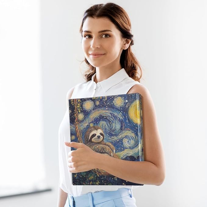ALAZA 3 Ring Binder Sloth Van Gogh Starry Sky Clipboard Round Ring Binder Holds 1.5 Inch Three Ring Binder Heavy Duty Ring Binders for Office Supplies, 1Pack