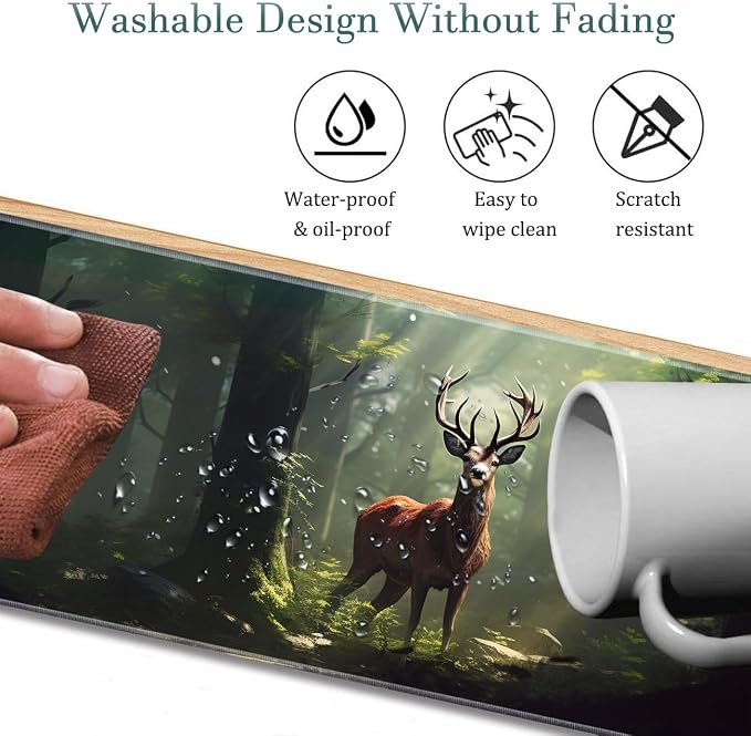 Extended Gaming Mouse Pad 31.5" x 11.8", with Edge Stitching, Non-Slip Rubber Base Keyboard Pad, Suitable for Work, Game, Office, Home and Coasters, Deer in The Forest