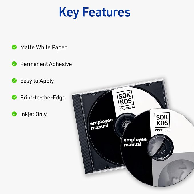 Avery Printable CD Labels, Matte White, Permanent Adhesive, Inkjet Printer Compatible, 100 Disc & 200 Spine Labels, Ideal for CDs, DVDs, PC Discs, Media Projects (8691) (Pack of 5)