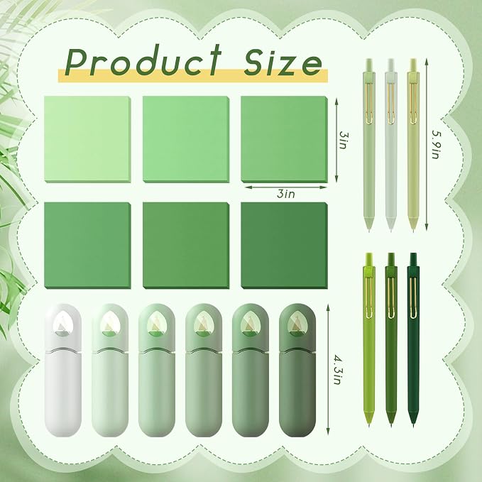 Sayglossy 18 Pcs Aesthetic School Supplies Gradient Green Gifts Set for Student Teacher Sticky Notes Black Ink Pens Correction Tape Stationery Set for Back to School Office Advanced Desk Accessories