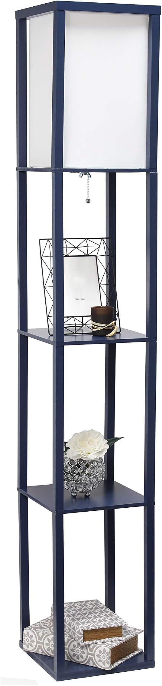 Simple Designs LF1014-NAV Etagere Organizer Storage Shelf Linen Shade Floor Lamp, Navy
