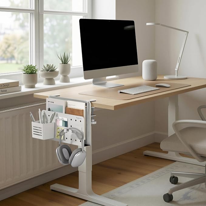 Under Desk Storage Organizer, Laptop Holder for 0.4"-2.2" Desk Edge, White | Holds 22lbs, Clamp on Desk Organizer with Pegboard Design, Fits 0.4"-2.2" Desktop Edge