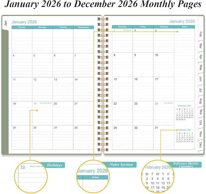 Daily Planner 2026 Full Page Per Day- 2026 Daily & Monthly Planner from January 2026 to December 2026, Day Planner 2026 with 12 Months Tabs, 6.4" x 8,5", Green