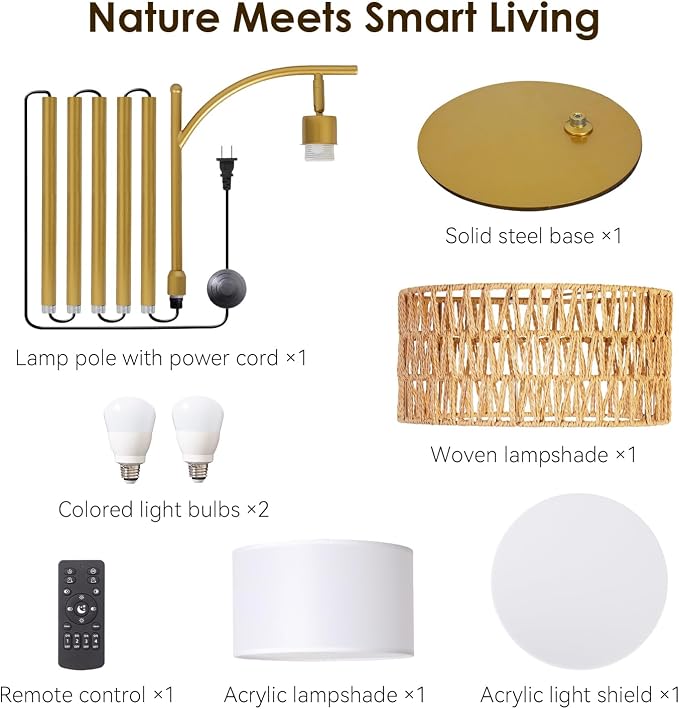 Rustic Woven Rattan Floor Lamp – Golden Finish, Arc Design, 12W LED (1 in use + 1 Spare), Remote & Dimmable 3-Color Temperature, Tall Standing Lamp for Living Room, Bedroom & Reading Corner