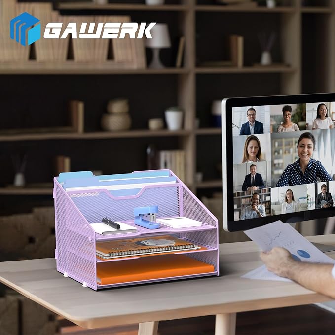 GAWERK Letter Tray Organizer, Mesh Desk File Organizer with 3 Paper Trays and 2 Vertical Upright Section (Purple)