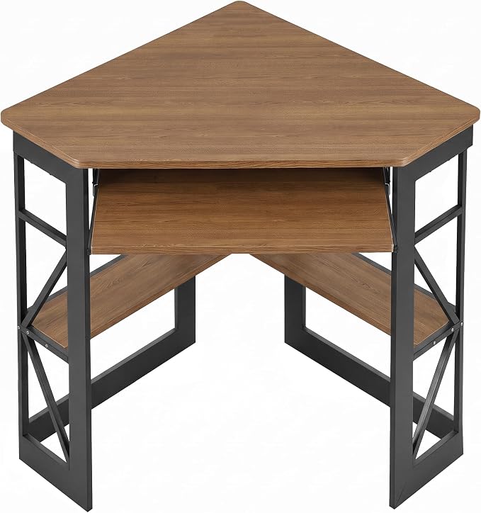 VECELO Corner Desk Computer Desk Writing Table with Smooth Keyboard Tray & Storage Shelves,Compact Home Office Triangle Table,Rustic Brown