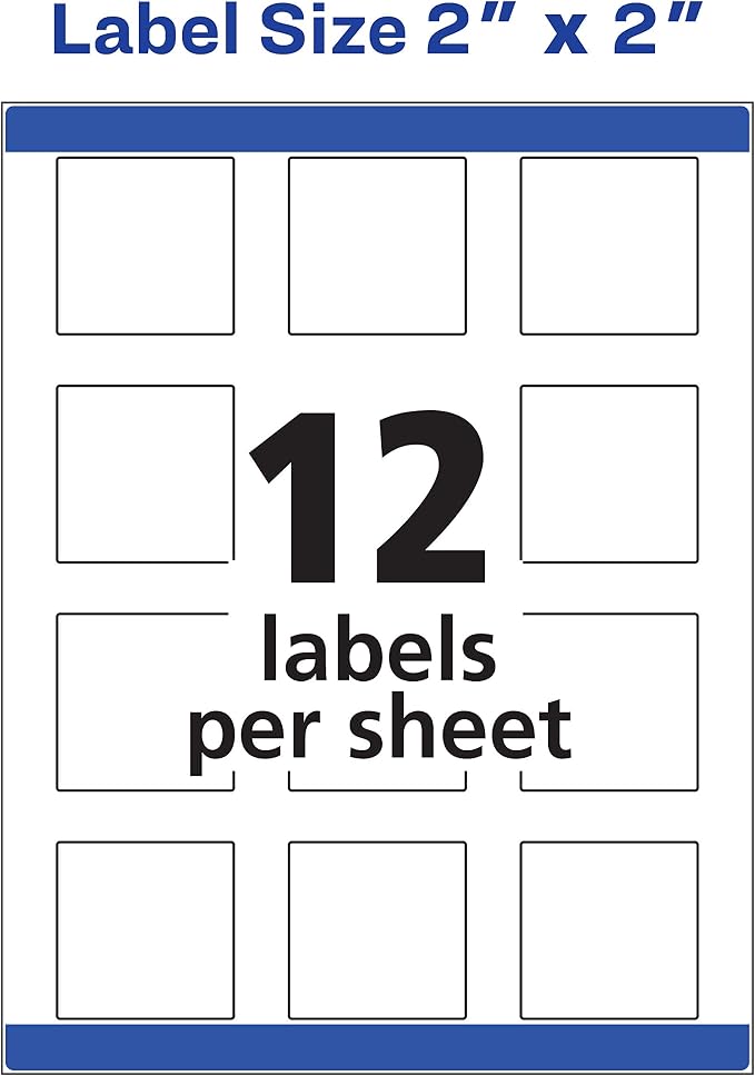 Avery Printable Blank Square Labels, 2" x 2", Matte White, 120 Customizable Labels (22816)