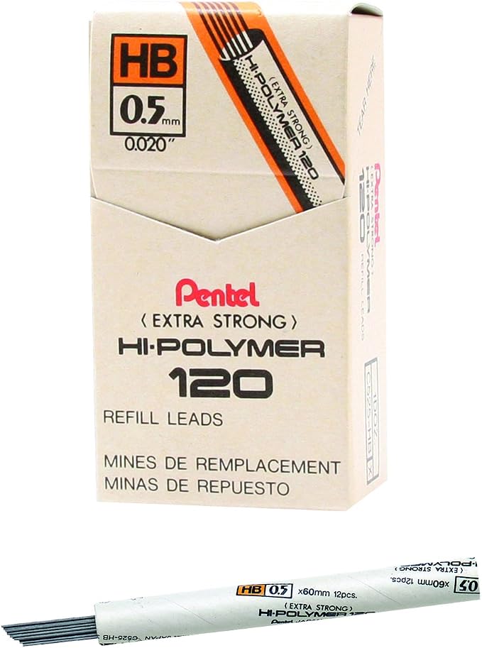 Pentel Premium Hi-Polymer Lead, 0.5mm, Fine, HB, 12 Pieces/Tube, Box of 12 (C525-HB)