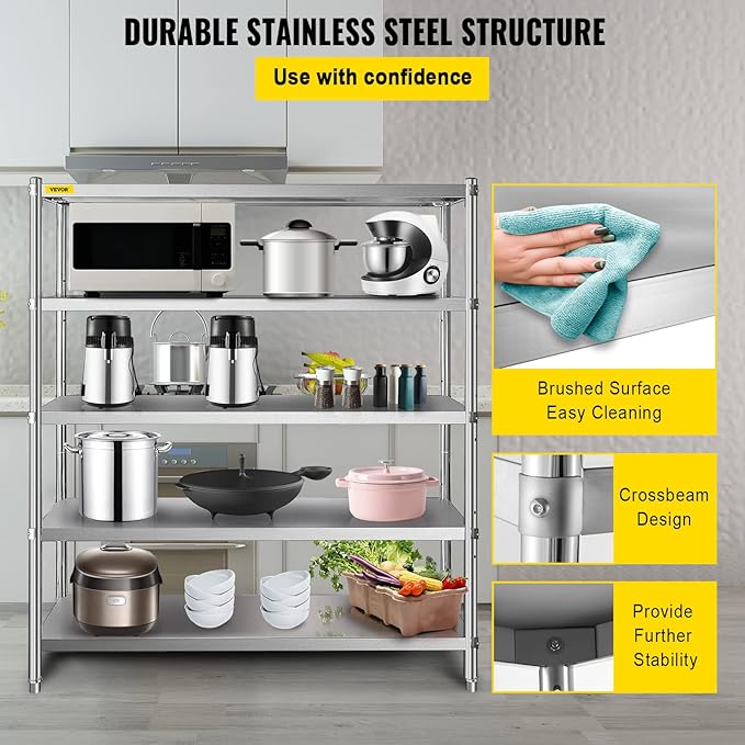 VEVOR Stainless Steel Shelving 60x18.5 Inch 5 Tier Adjustable Shelf Storage Unit Stainless Steel Heavy Duty Shelving for Kitchen Commercial Office Garage Storage 330lb Per Shelf