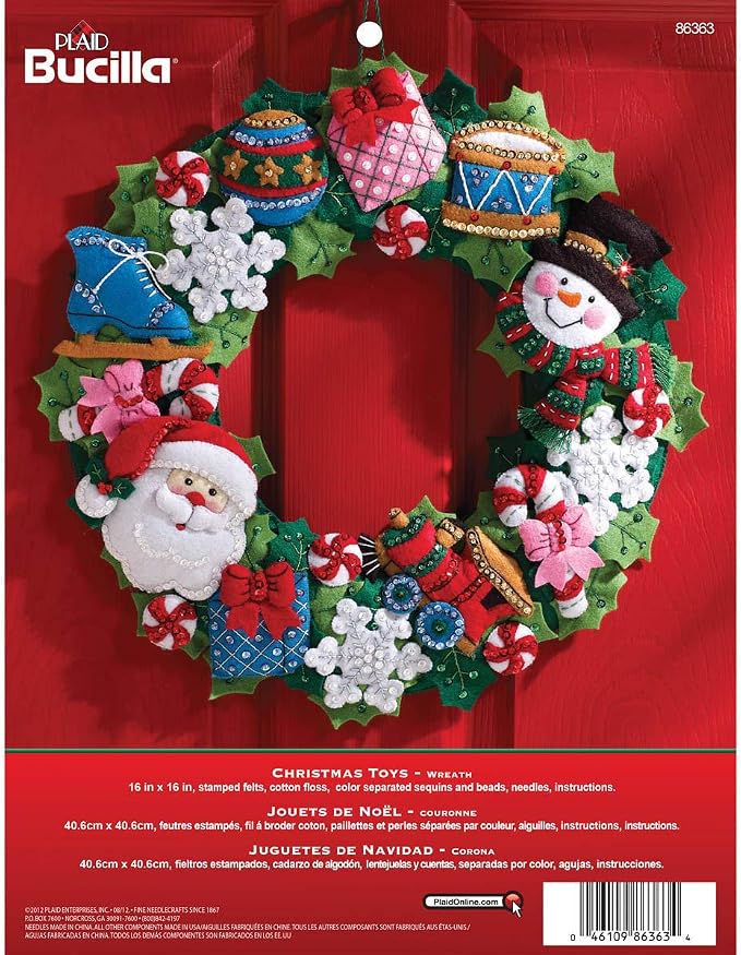 Bucilla Felt Applique Wall Hanging Wreath Kit, 15 by 15-Inch, 86363 Christmas Toys, Multicolor