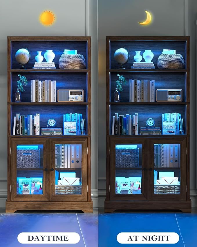 TVU 5-Tier Bookshelf, 65" Bookshelf with Multi-Color Ambient Lights (APP Remote Control), Tall Display Shelf with Cabinet Doors, Suitable for Living Room, Bedroom, Study, Office, Rustic Brown