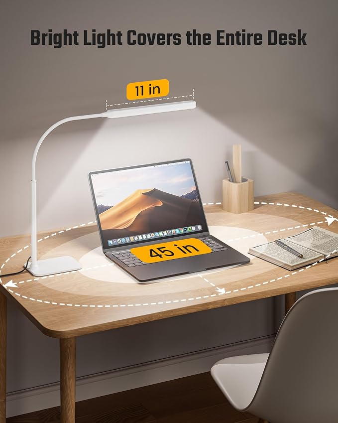 SUPERDANNY Eye-Caring LED Desk Lamp Work Lamp Office Lamp with Base | White, Touch Control, 360° Flexible Gooseneck, 3 Modes Smooth Dimming, Memory Function, Adapter, Metal, for Home Office Dorm