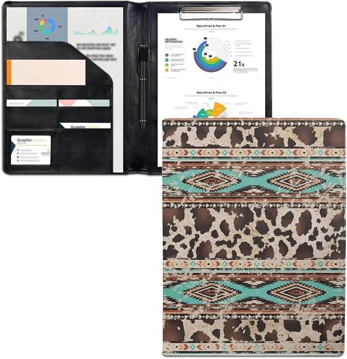 Dreaweet Aztec Brown Cow Print Portfolio Leather Padfolio for Women,Interview Legal Document Binder Organizer,Business Card Holder with Letter Sized Writing Pad