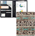 Dreaweet Aztec Brown Cow Print Portfolio Leather Padfolio for Women,Interview Legal Document Binder Organizer,Business Card Holder with Letter Sized Writing Pad