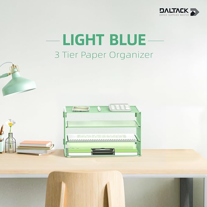 DALTACK 3 Tier Letter Tray Paper Organizer with Sliding Trays Mint Green | Metal Mesh File Organizer with Sliding Trays for Letter and A4 Paper, Mail, Bills, Folders and Office Documents