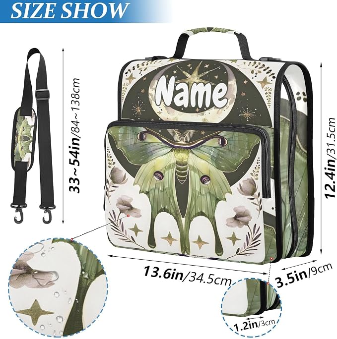 Custom Moth Moon Art Butterfly 3 Ring Binder Bag 1.5 inch Personalized Name Binder Organizer 500 Sheet Documents Storage for School Office