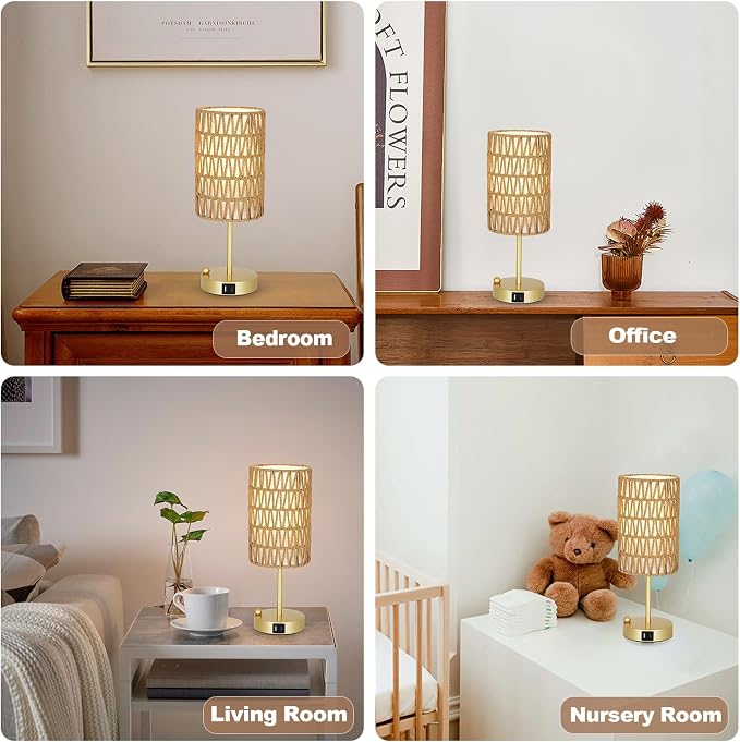 Gold Bedside Lamps Set of 2, Touch Control Night Stand Lamp for Bedroom with Rattan & Linen Shade & Bulbs, 3 Way Dimmable Small Boho Table Lamps with USB Charging Port & Phone Stand