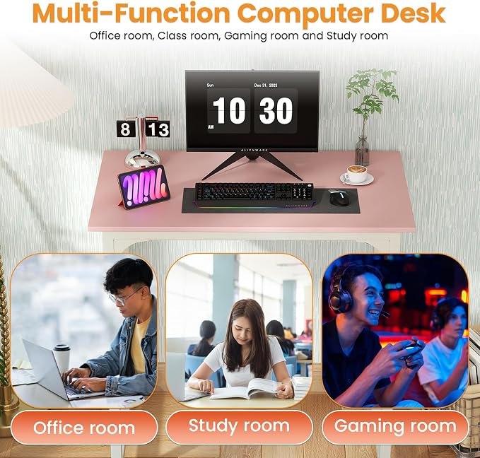PayLessHere | 32 Inch Computer Desk | Pink | Office Desk with Metal Frame, Adjustable Feet | Water-Resistant, Scratchproof Surface | Sturdy Writing Table for Home Office or Study | Pack of 1