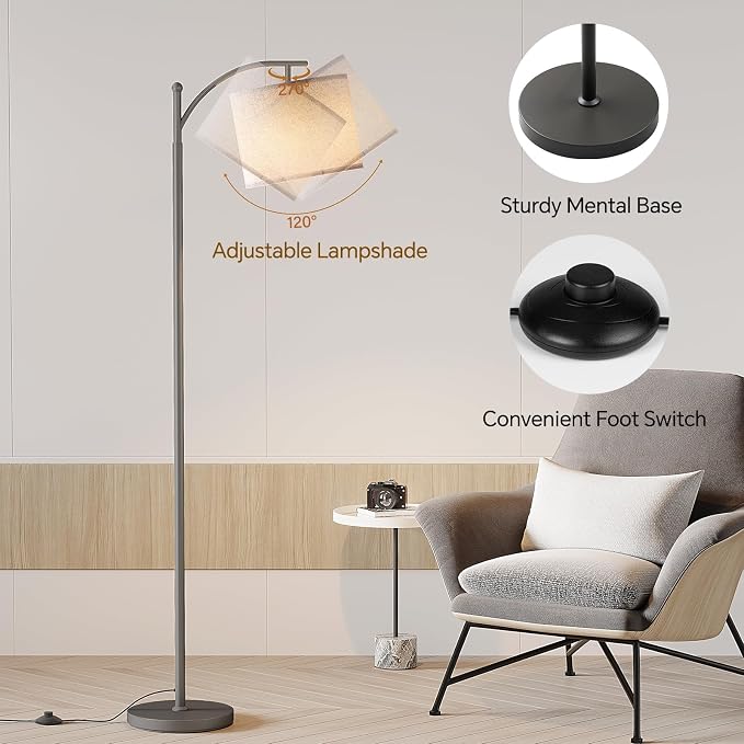 SUNMORY Arc Floor Lamp, Modern Floor Lamp with 9W 3 Color Temperatures Bulb | Metal Standing Lamps with Adjustable Hanging Lampshade, Tall Floor Lamps for Living Room, Bedroom, Office, Gray